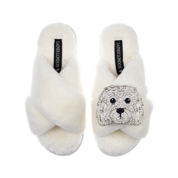 Laines London Classic Laines Slippers With Queenie The Bichon Brooch