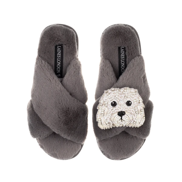 laines london Classic Laines Slippers With Queenie The Bichon Brooch