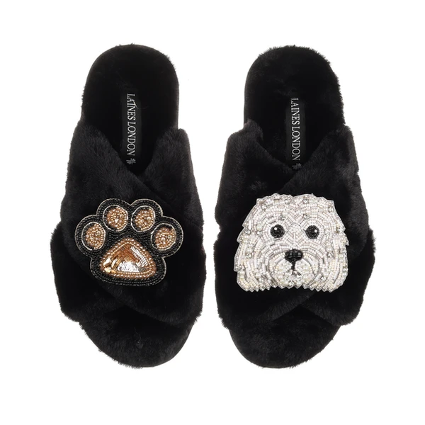 Laines London Classic Laines Slippers With Queenie The Bichon & Paw Brooches