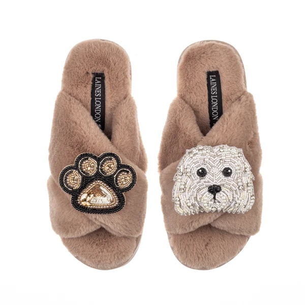 Laines London Classic Laines Slippers With Queenie The Bichon & Paw Brooches