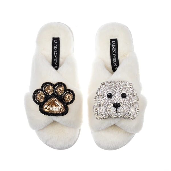 laines london Classic Laines Slippers With Queenie The Bichon & Paw Brooches