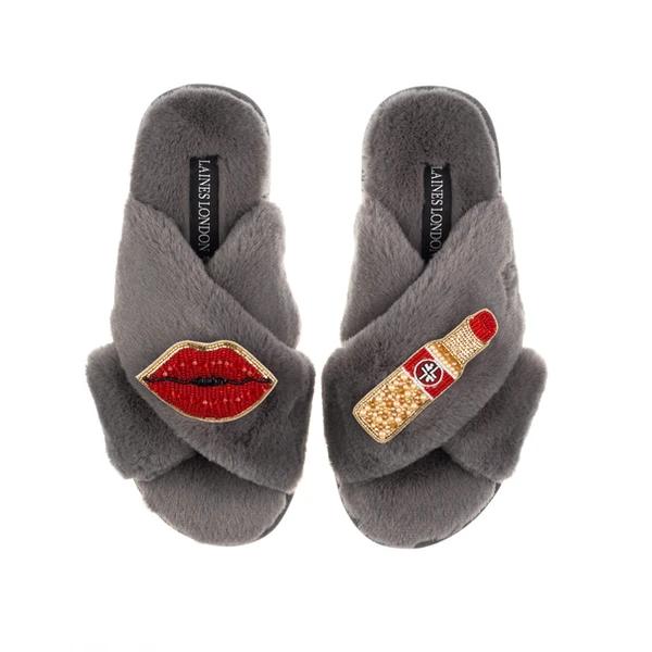 Laines London Classic Laines Slippers With Red Lipstick & Lips Brooches