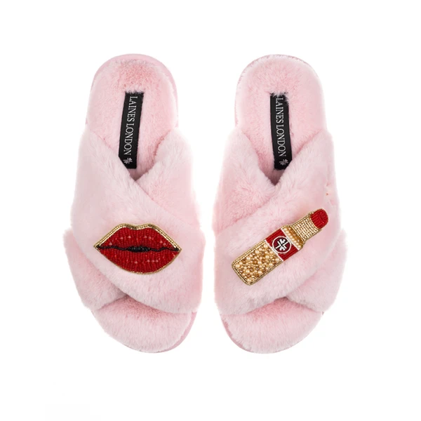 Laines London Classic Laines Slippers With Red Lipstick & Lips Brooches