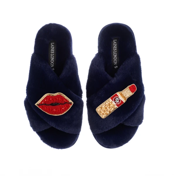 Laines London Classic Laines Slippers With Red Lipstick & Lips Brooches