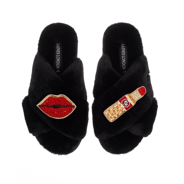 laines london Classic Laines Slippers With Red Lipstick & Lips Brooches