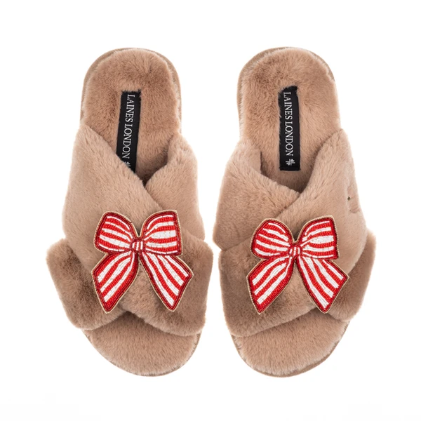 Laines London Classic Laines Slippers With Red Stripe Bow Brooches