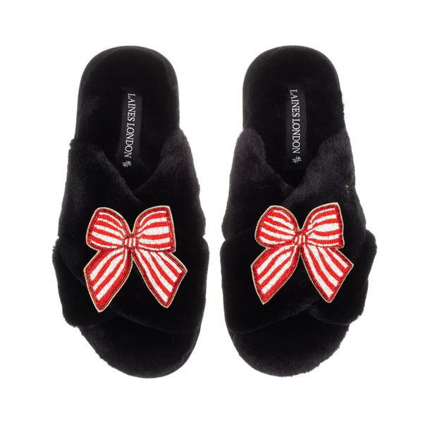 Laines London Classic Laines Slippers With Red Stripe Bow Brooches
