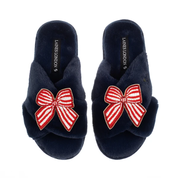 Laines London Classic Laines Slippers With Red Stripe Bow Brooches