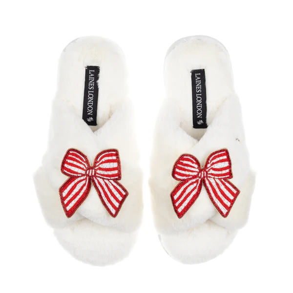 laines london Classic Laines Slippers With Red Stripe Bow Brooches