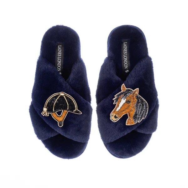 Laines London Classic Laines Slippers With Riding Hat & Horse Brooches