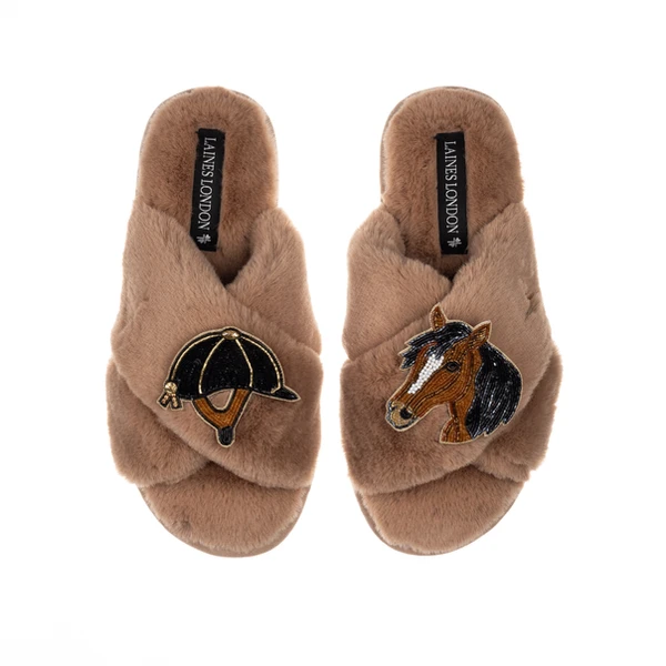 Laines London Classic Laines Slippers With Riding Hat & Horse Brooches