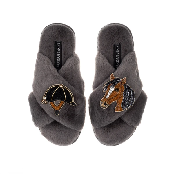 Laines London Classic Laines Slippers With Riding Hat & Horse Brooches