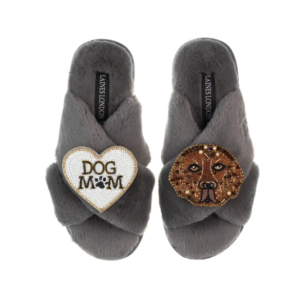 Laines London Classic Laines Slippers With Rocco The Chocolate Lab & Dog Mum / Mom Brooches