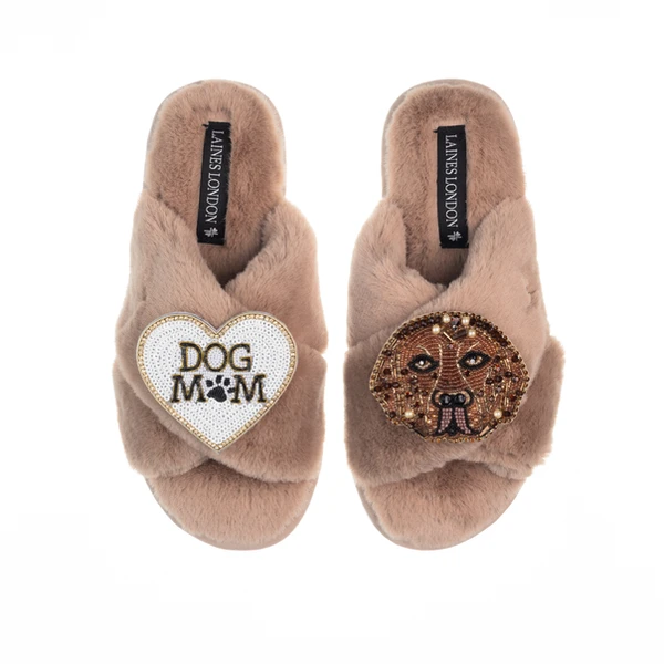 Laines London Classic Laines Slippers With Rocco The Chocolate Lab & Dog Mum / Mom Brooches