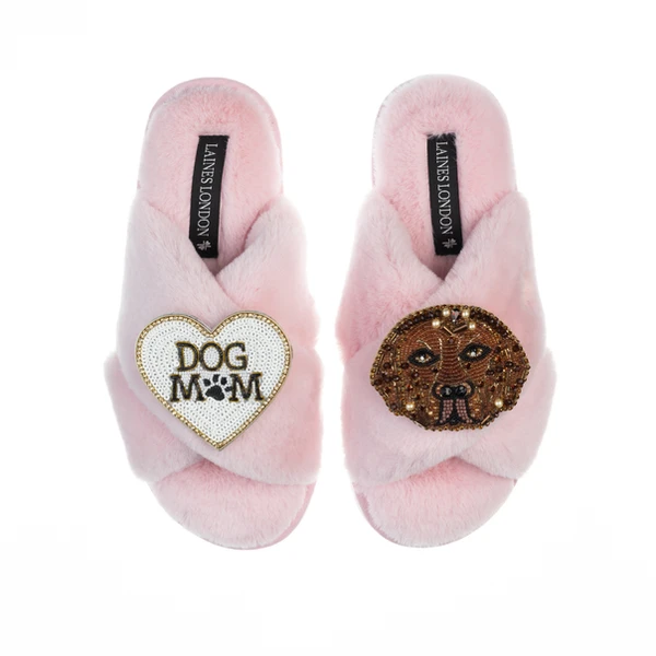 Laines London Classic Laines Slippers With Rocco The Chocolate Lab & Dog Mum / Mom Brooches