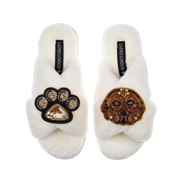 Laines London Classic Laines Slippers With Rocco The Chocolate Lab & Paw Brooches