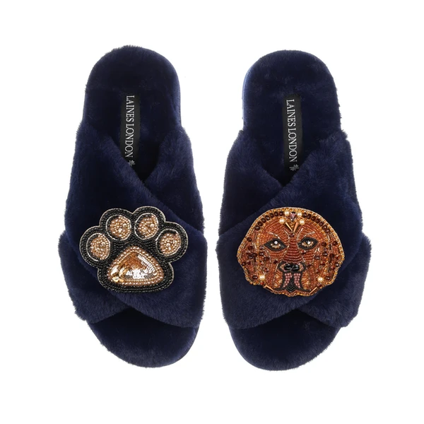 Laines London Classic Laines Slippers With Rocco The Chocolate Lab & Paw Brooches