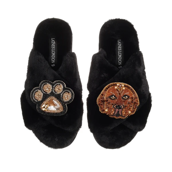 Laines London Classic Laines Slippers With Rocco The Chocolate Lab & Paw Brooches