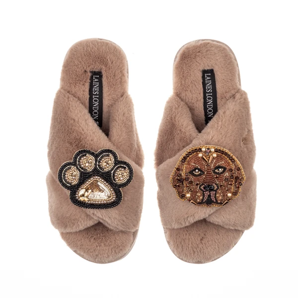 laines london Classic Laines Slippers With Rocco The Chocolate Lab & Paw Brooches