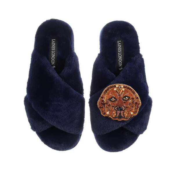 Laines London Classic Laines Slippers With Rocco The Chocolate Lab Brooch