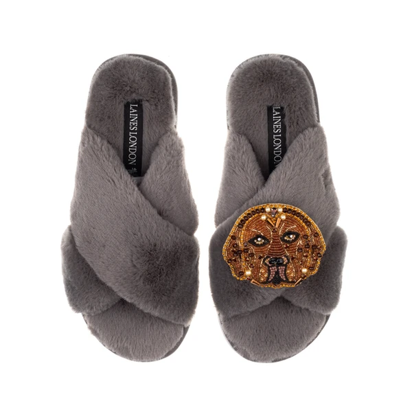 Laines London Classic Laines Slippers With Rocco The Chocolate Lab Brooch
