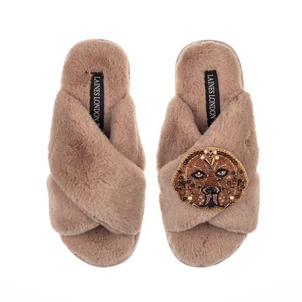 Laines London Classic Laines Slippers With Rocco The Chocolate Lab Brooch