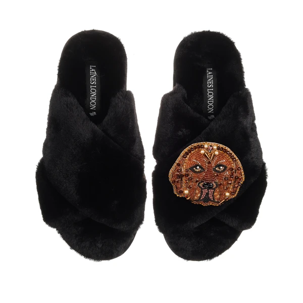 laines london Classic Laines Slippers With Rocco The Chocolate Lab Brooch