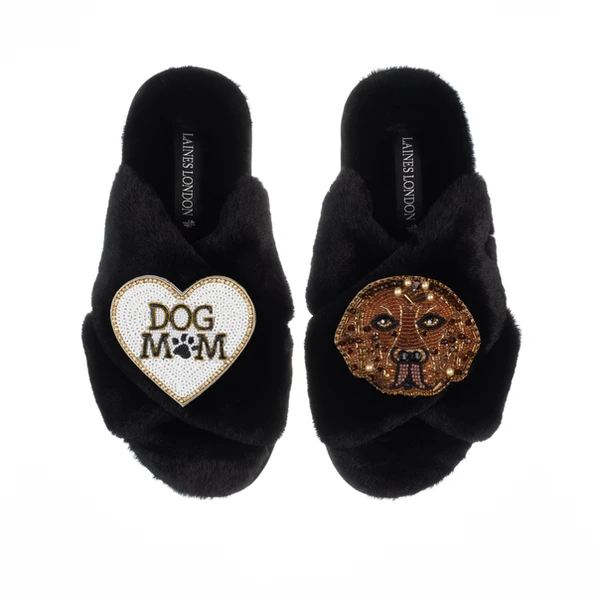 laines london Classic Laines Slippers With Rocco The Chocolate Lab & Dog Mum / Mom Brooches