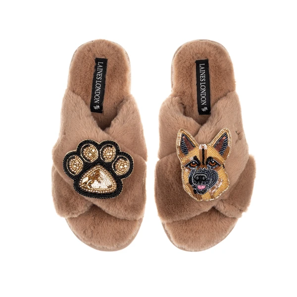 Laines London Classic Laines Slippers With Roxy The German Shepherd & Paw Brooches