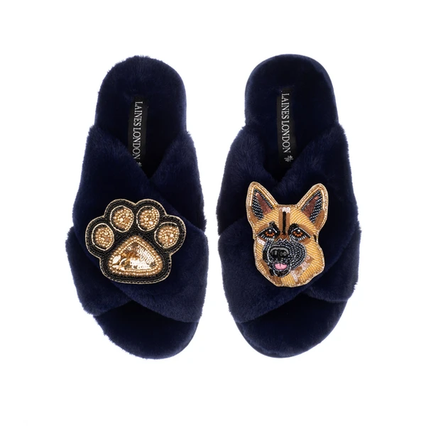 Laines London Classic Laines Slippers With Roxy The German Shepherd & Paw Brooches