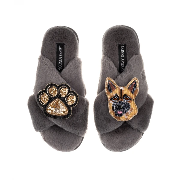Laines London Classic Laines Slippers With Roxy The German Shepherd & Paw Brooches