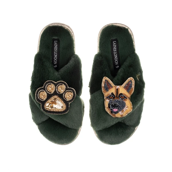 laines london Classic Laines Slippers With Roxy The German Shepherd & Paw Brooches