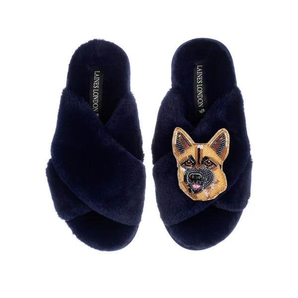 Laines London Classic Laines Slippers With Roxy The German Shepherd Brooch