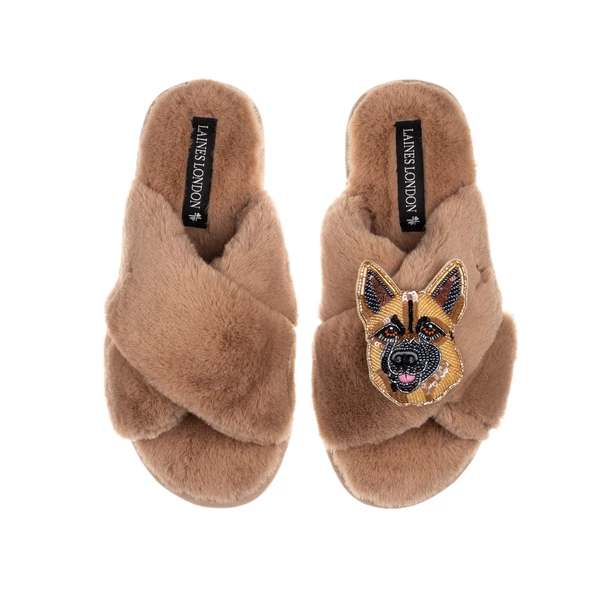 Laines London Classic Laines Slippers With Roxy The German Shepherd Brooch