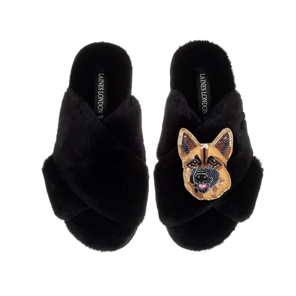 Laines London Classic Laines Slippers With Roxy The German Shepherd Brooch