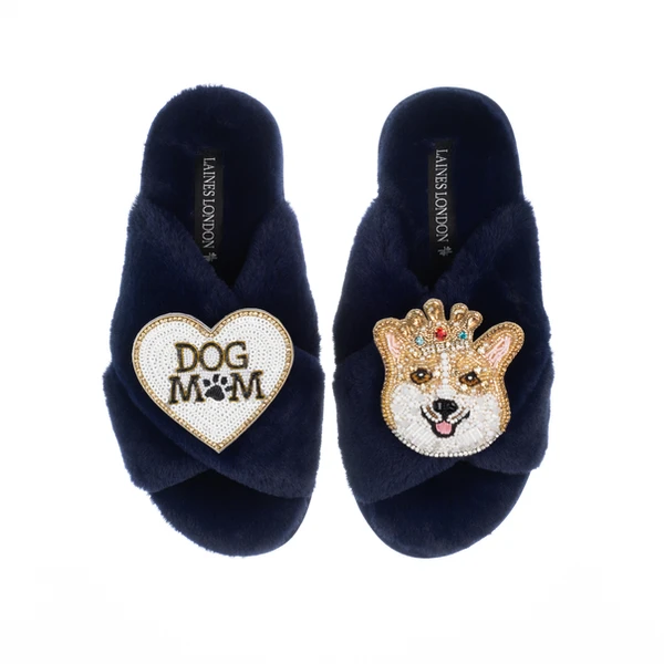 Laines London Classic Laines Slippers With Royal Corgi & Dog Mum / Mom Brooches