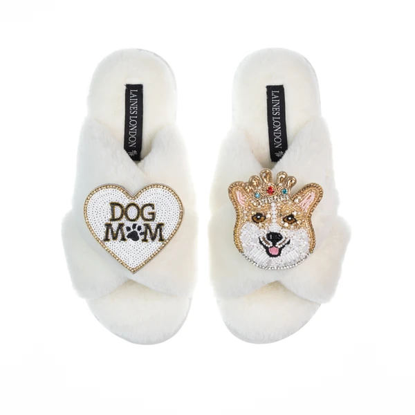 Laines London Classic Laines Slippers With Royal Corgi & Dog Mum / Mom Brooches
