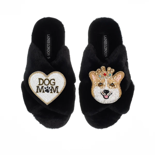 Laines London Classic Laines Slippers With Royal Corgi & Dog Mum / Mom Brooches