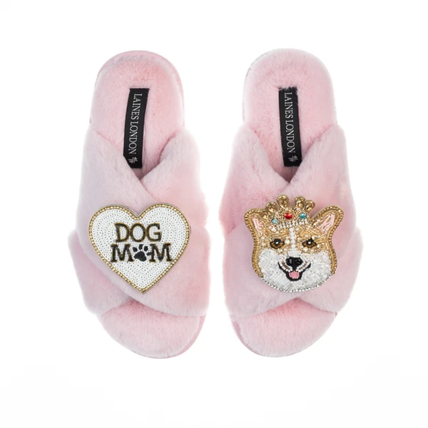 laines london Classic Laines Slippers With Royal Corgi & Dog Mum / Mom Brooches