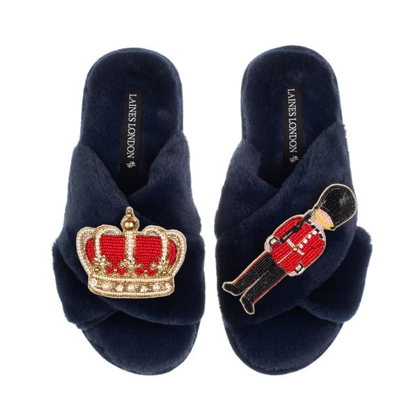 Laines London Classic Laines Slippers With Royal Crown & Grenadier Guard Brooches