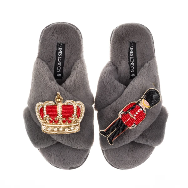 Laines London Classic Laines Slippers With Royal Crown & Grenadier Guard Brooches