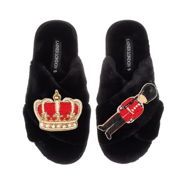 laines london Classic Laines Slippers With Royal Crown & Grenadier Guard Brooches
