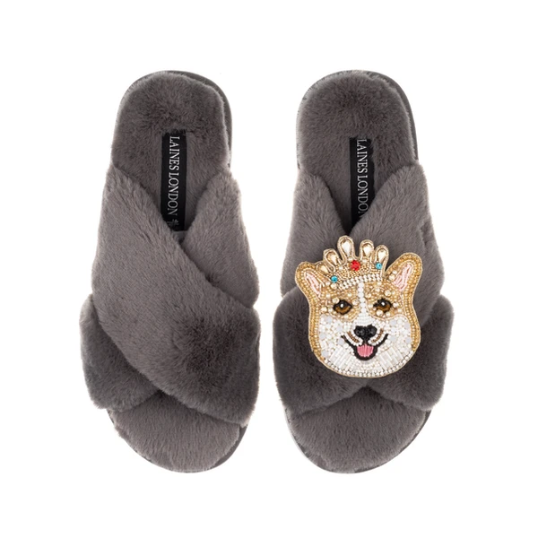 Laines London Classic Laines Slippers With Sandy The Corgi Brooch