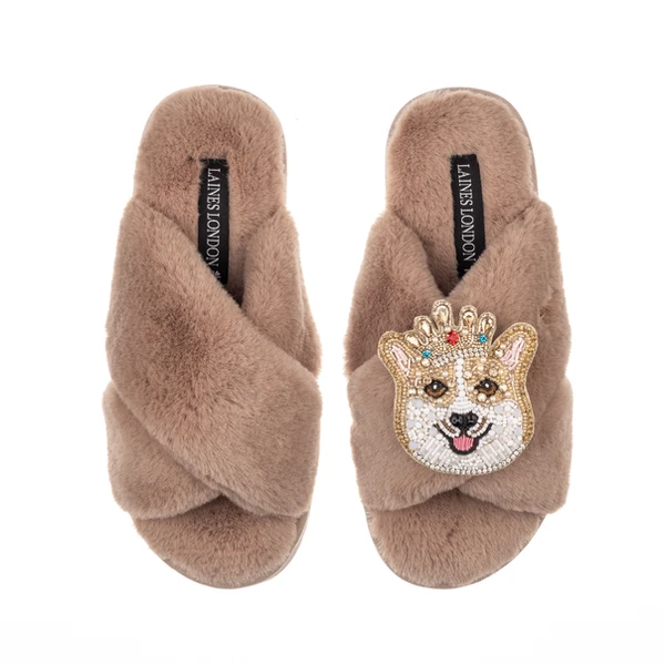 Laines London Classic Laines Slippers With Sandy The Corgi Brooch