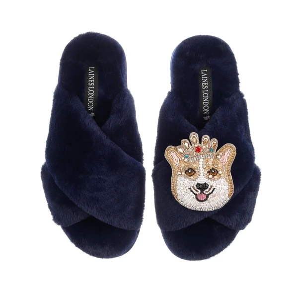 laines london Classic Laines Slippers With Sandy The Corgi Brooch