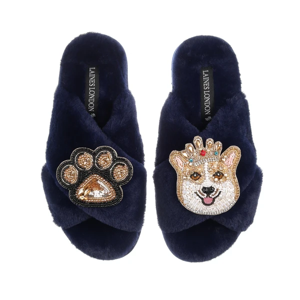 Laines London Classic Laines Slippers With Sandy The Corgi & Paw Brooches
