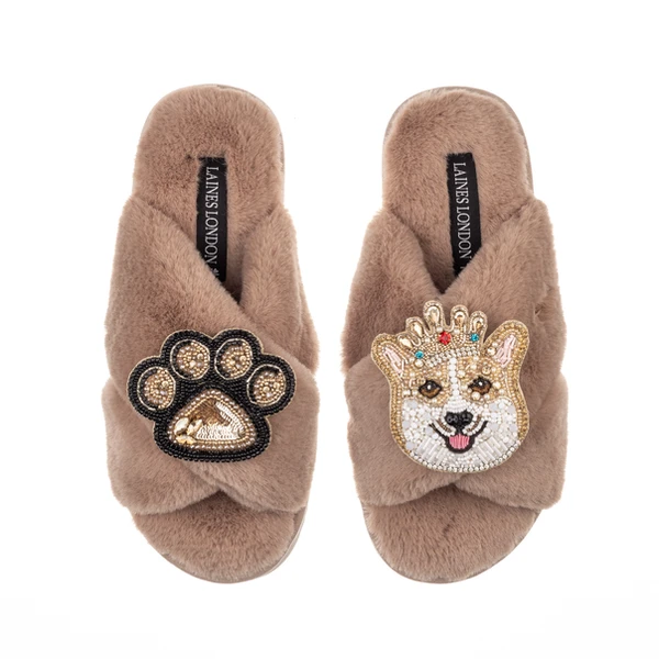 Laines London Classic Laines Slippers With Sandy The Corgi & Paw Brooches
