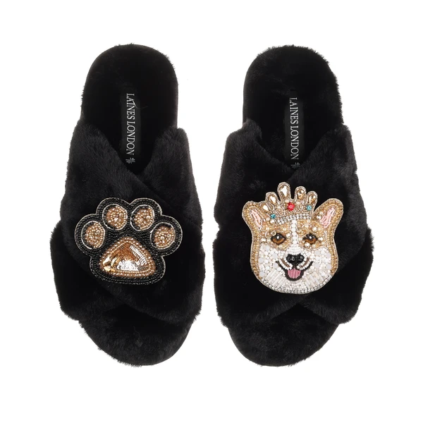 Laines London Classic Laines Slippers With Sandy The Corgi & Paw Brooches