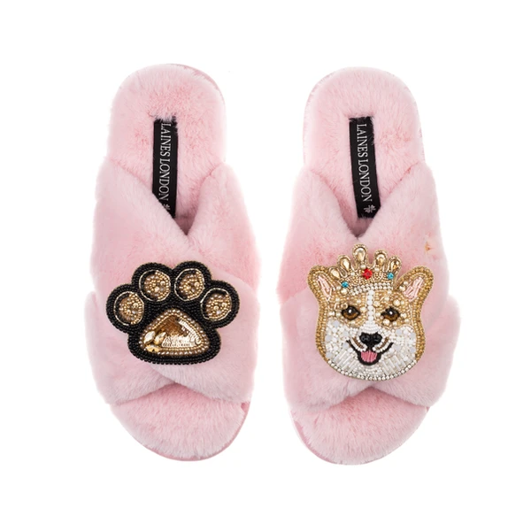 laines london Classic Laines Slippers With Sandy The Corgi & Paw Brooches