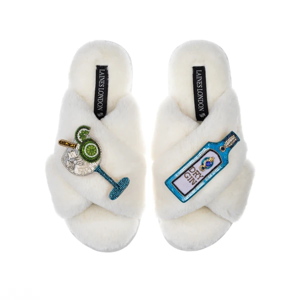 Laines London Classic Laines Slippers With Sapphire Gin & Glass Brooches